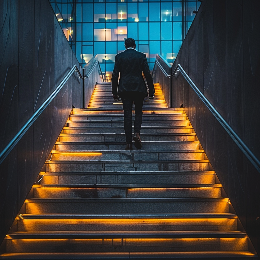 Un homme gravissant un escalier illuminé, symbolisant l'ascension vers une vie sans limites avec le programme DHS Stratégie Propulser , un accompagnement transformationnel pour ancrer une nouvelle norme de réussite.