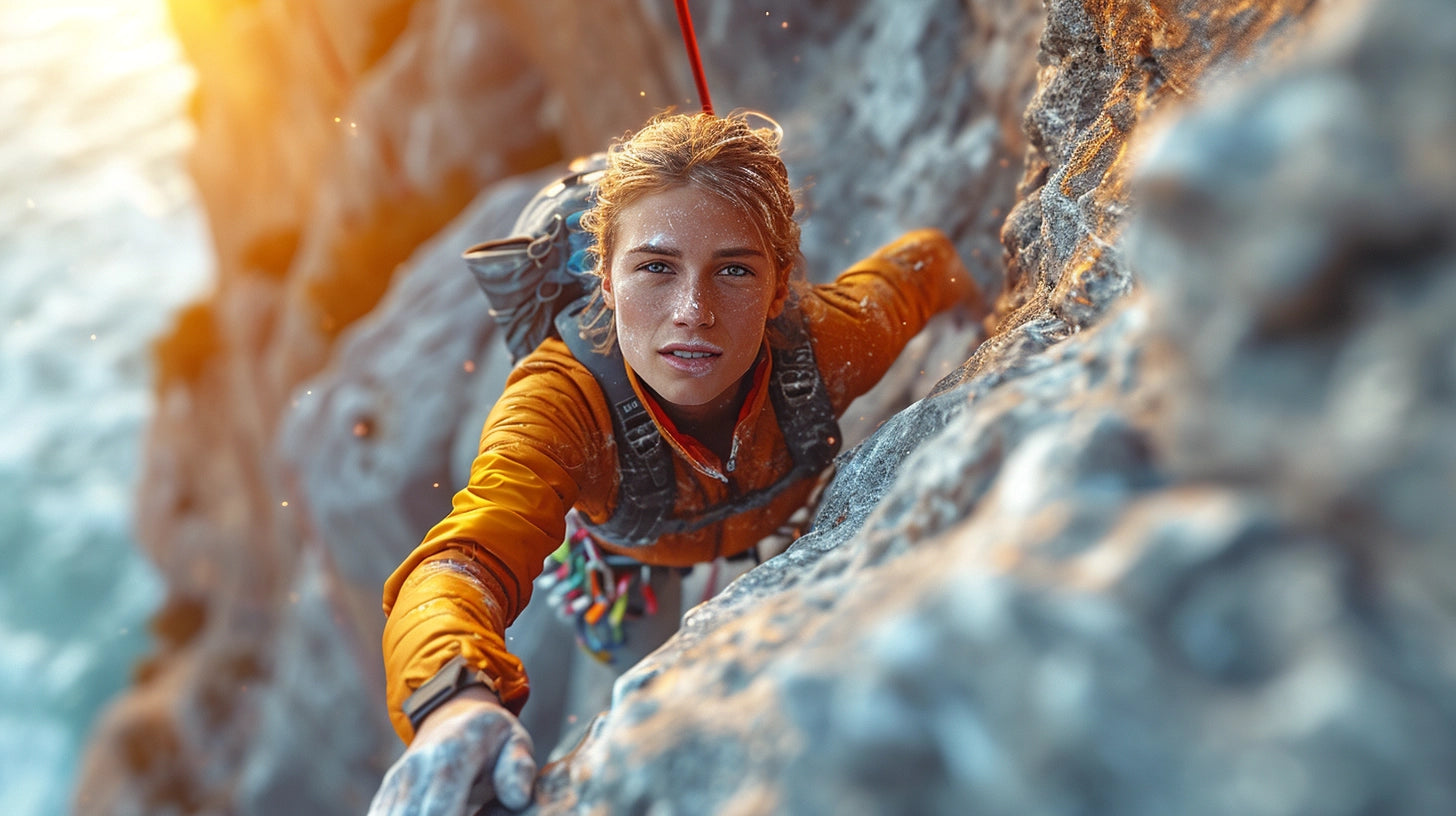 Femme escaladant une falaise, symbolisant la mission de DHS Stratégie : briser les limites invisibles grâce à la force de l'expérience vécue par Sylvie et Didier, pour aider chaque personne à atteindre son plein potentiel.