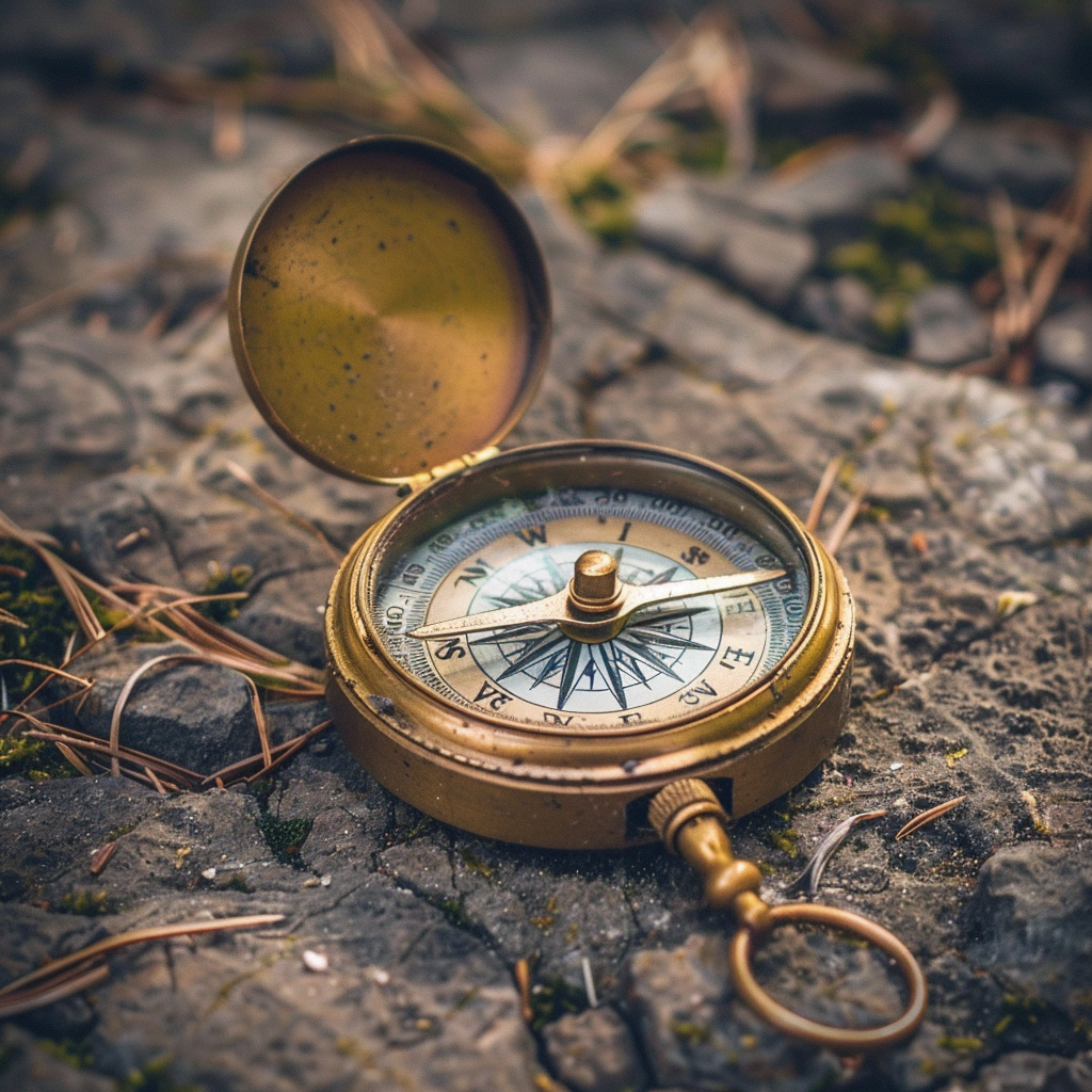 Boussole ancienne sur un sol naturel, symbolisant le parcours de transformation proposé par DHS Stratégie pour un changement de vie profond.