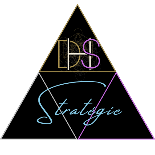 Logo DHS Stratégie avec trois triangles imbriqués, symbolisant l'énergie, la transformation et l'accompagnement pour libérer le potentiel humain.