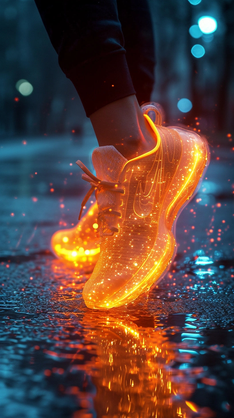 Chaussures lumineuses avancées dans la nuit, symbolisant un nouveau départ et le courage de vaincre les peurs de l'inconnu avec DHS Stratégie Propulser , un accompagnement à chaque étape pour bâtir une vie solide et inspirée.