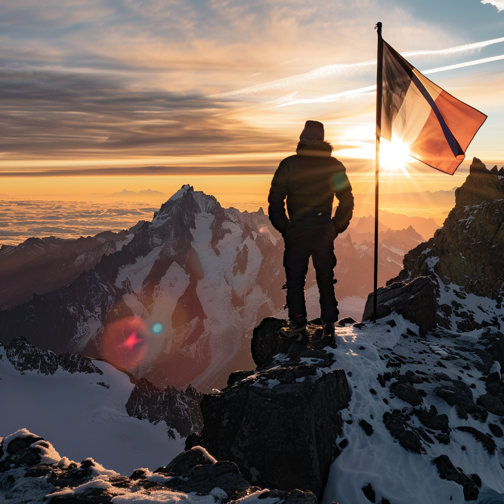 Homme au sommet d'une montagne tenant un drapeau, symbolisant la promesse de résultats de DHS Stratégie Propulser , un accompagnement sans compromis pour vivre une vie inspirante et libérée des anciens schémas.