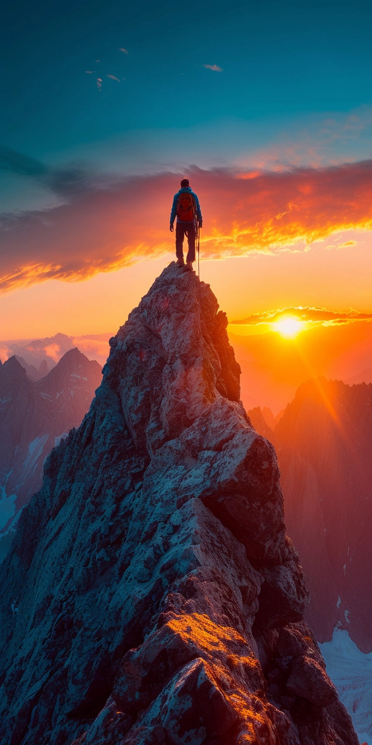 Homme debout au sommet d'une montagne au levier du soleil, symbolisant la transformation complète et l'engagement profond proposé par DHS Stratégie Propulser , un accompagnement global pour atteindre son plein potentiel.