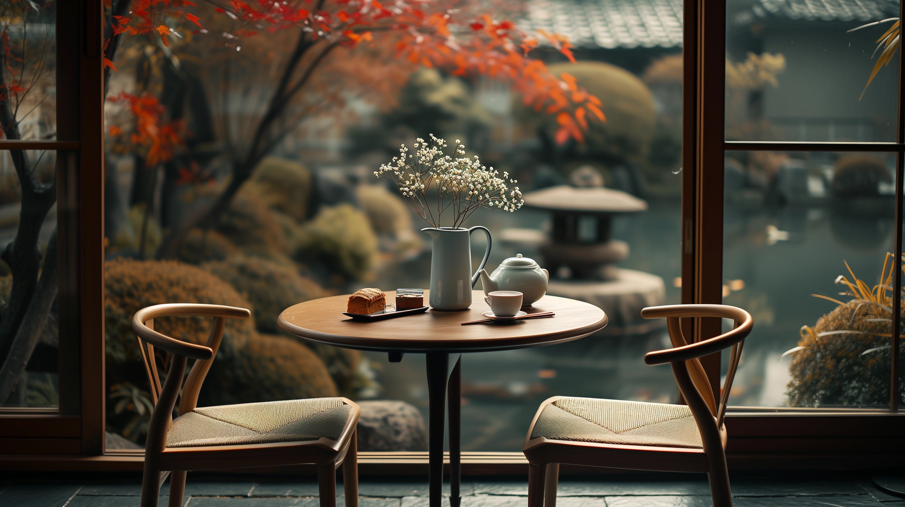 Table et chaises devant un jardin zen japonais, illustrant un espace de vie harmonieux et énergétiquement positif pour favoriser le bien-être et la transformation personnelle avec DHS Stratégie Propulser.