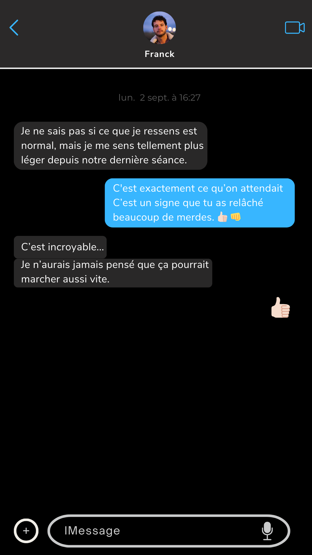 Échange entre Didier et Franck illustrant l'impact de DHS Stratégie Propulser, où Franck ressent une légèreté et libération immédiate après une séance.