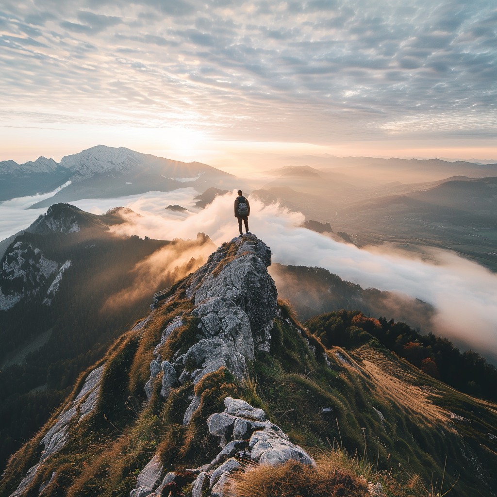 Personne au sommet d'une montagne, symbolisant le dépassement de soi et la vision grandiose du potentiel humain avec DHS Stratégie.